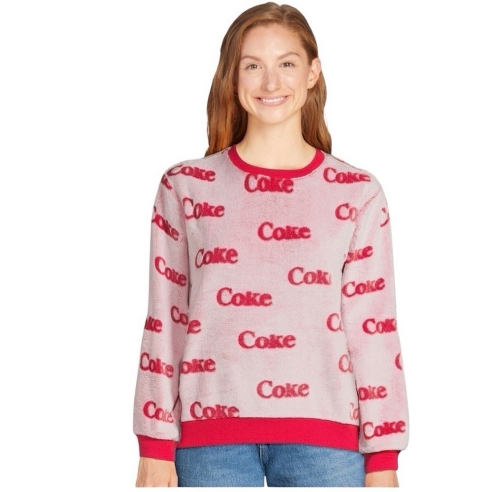 Coca Cola Women's Pink and Red Crew Neck Sweater